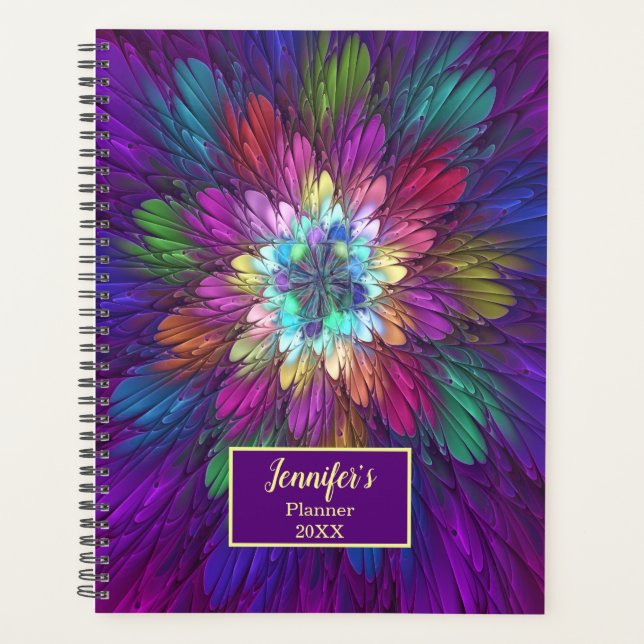 Colorful Psychedelic Flower Abstract Fractal Name Planner (Front)