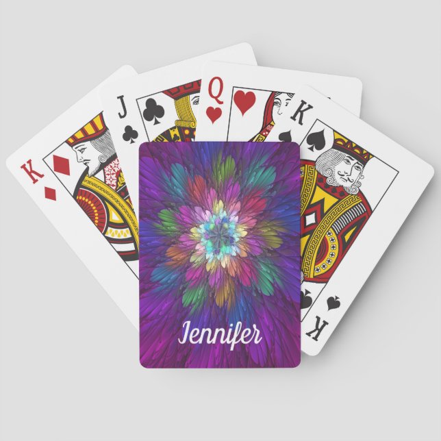 Colorful Psychedelic Flower Abstract Fractal Name Poker Cards (Back)