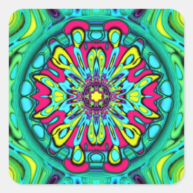 Colorful psychedelic flower abstract pattern v1 square sticker (Front)