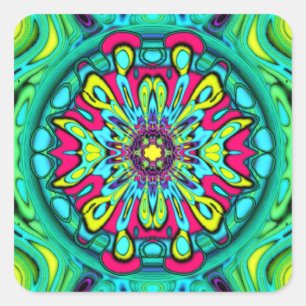 Colorful psychedelic flower abstract pattern v1 square sticker