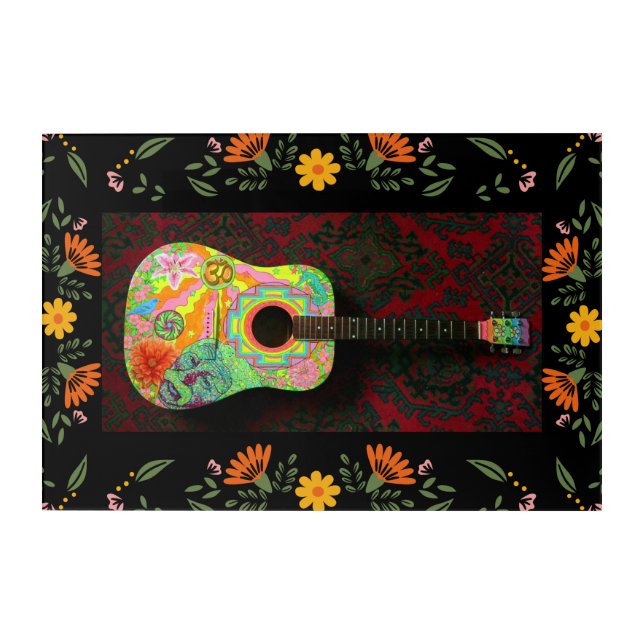 Colorful Psychedelic Flower Power Acoustic Guitar  Acrylic Print (Front)