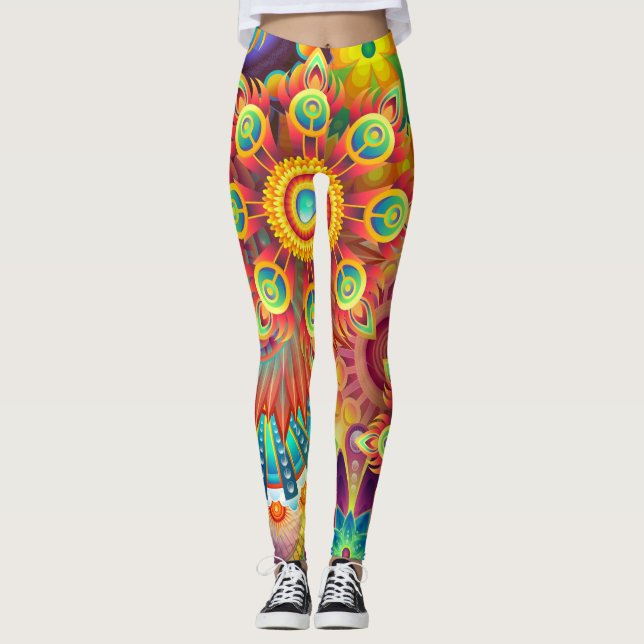 Colorful & Psychedelic Flowers Leggings (Front)