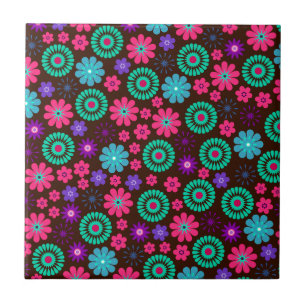 Colorful Psychedelic Funky Flower Pattern Ceramic Tile