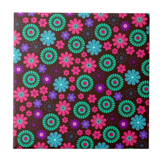 Colorful Psychedelic Funky Flower Pattern Ceramic Tile (Front)