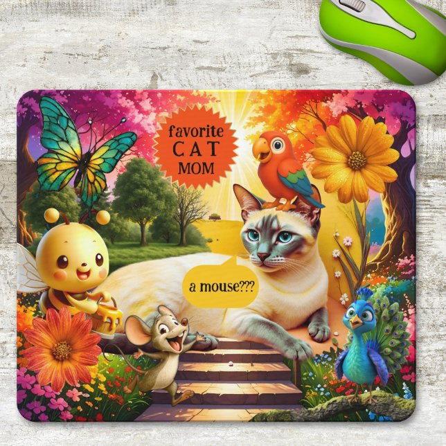 Colorful Psychedelic Funny Cat and Mouse Pad (Mouse pad featuring a funny psychedelic design featuring a cat surrounded by various animal friends)