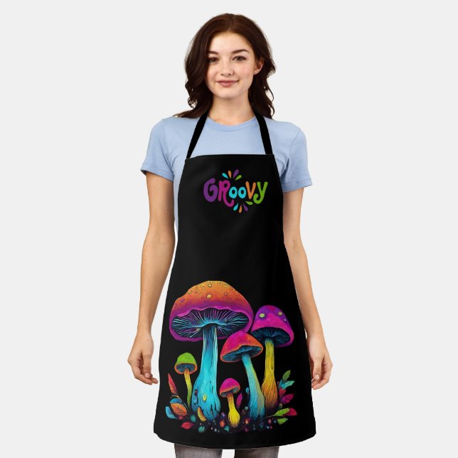 Colorful Psychedelic Groovy Mushrooms- Apron (Worn)