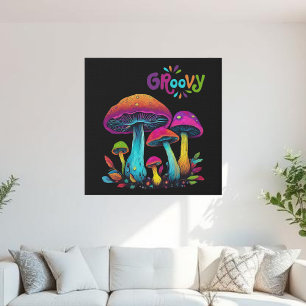 Colorful Psychedelic Groovy Mushrooms- Faux Canvas Print