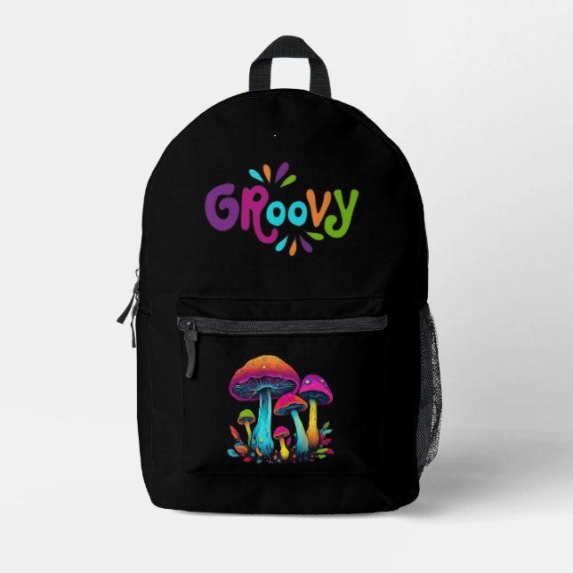 Colorful Psychedelic Groovy Mushrooms- Printed Backpack (Front)