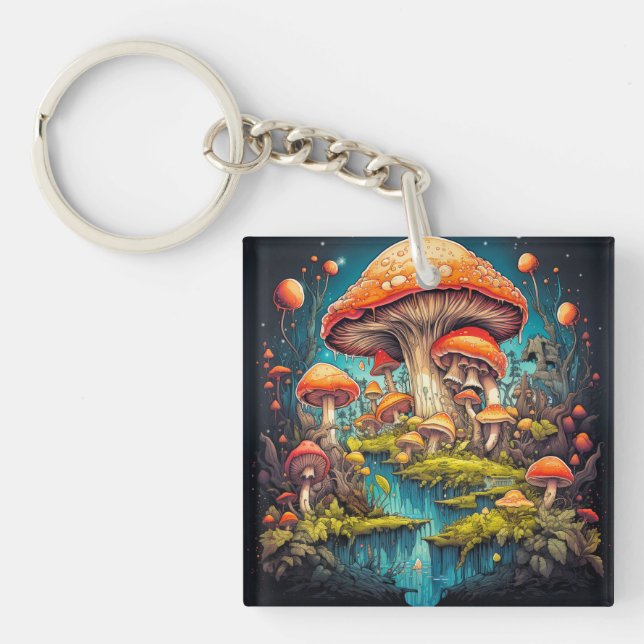 Colorful Psychedelic Mushroom Illustration Keychain (Front)