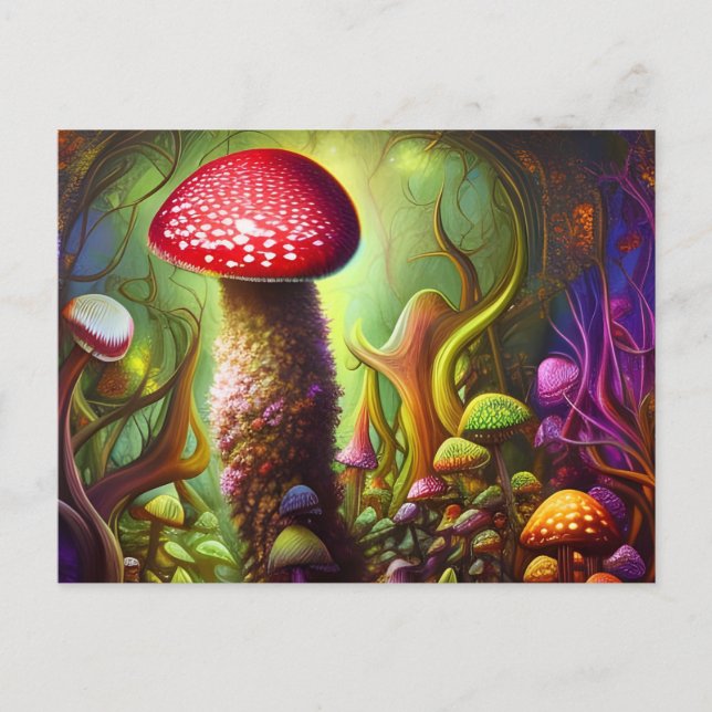 Colorful Psychedelic Mushroom Mystical Forest Postcard (Front)