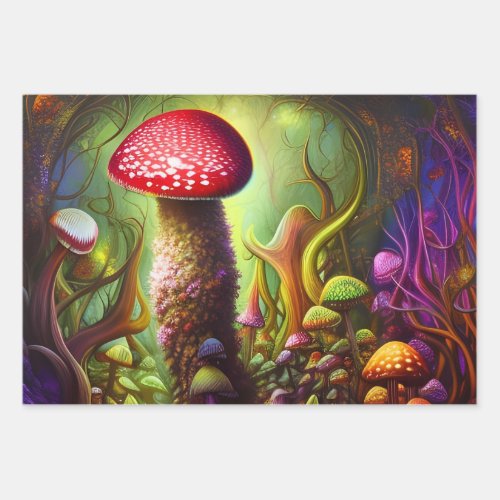 Colorful Psychedelic Mushroom Mystical Forest Wrapping Paper Sheets