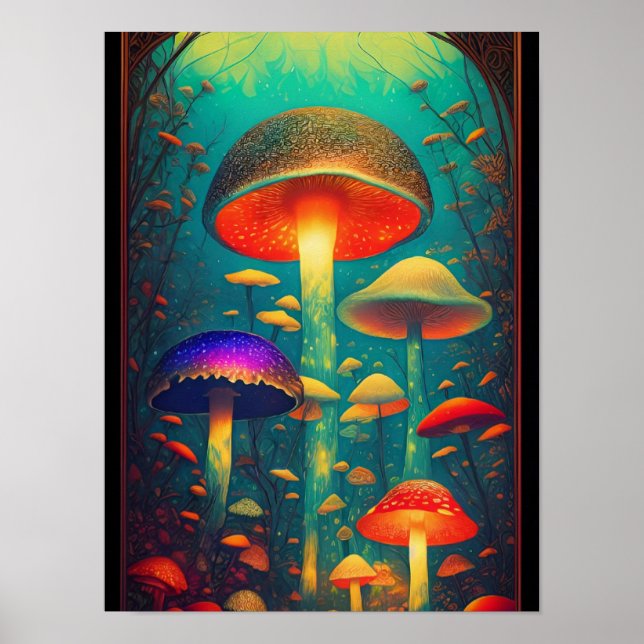 Colorful Psychedelic Mushrooms Fantasy World Poster (Front)