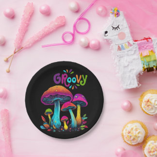 Colorful Psychedelic Mushrooms- Paper Plates