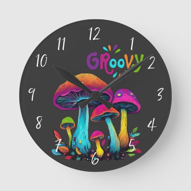 Colorful Psychedelic Mushrooms Round Clock (Front)