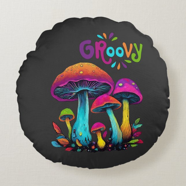 Colorful Psychedelic Mushrooms Round Pillow (Front)