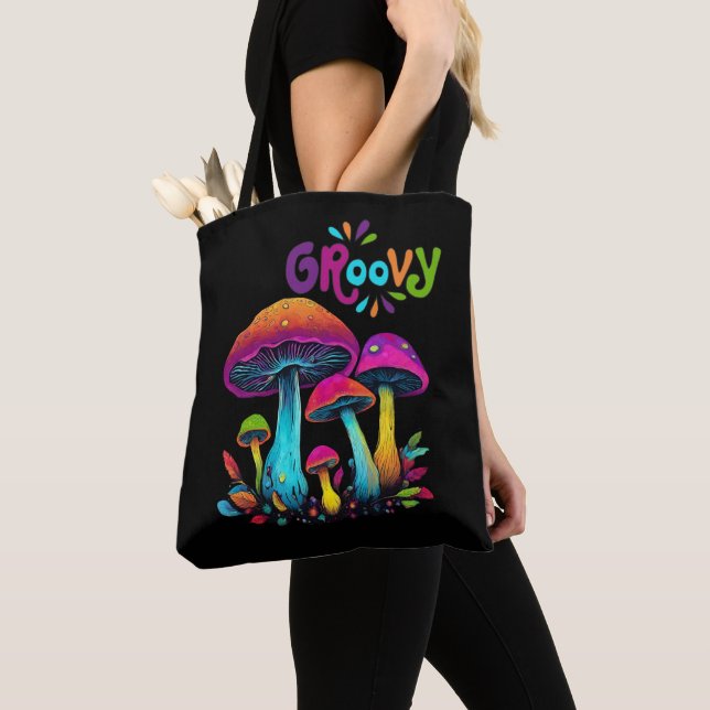 Colorful Psychedelic Mushrooms Tote Bag (Close Up)
