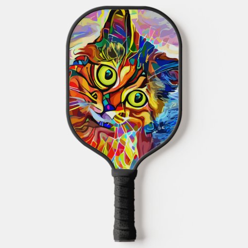 Colorful Psychedelic Painted Cat Monogram Pickleball Paddle