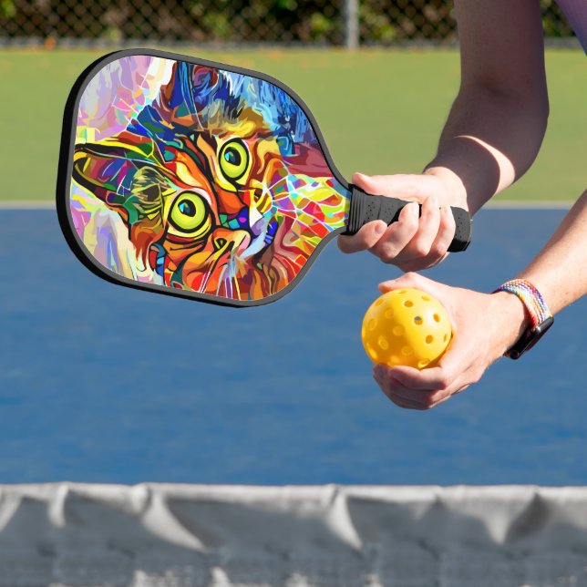 Colorful Psychedelic Painted Cat Monogram Pickleball Paddle (Insitu)