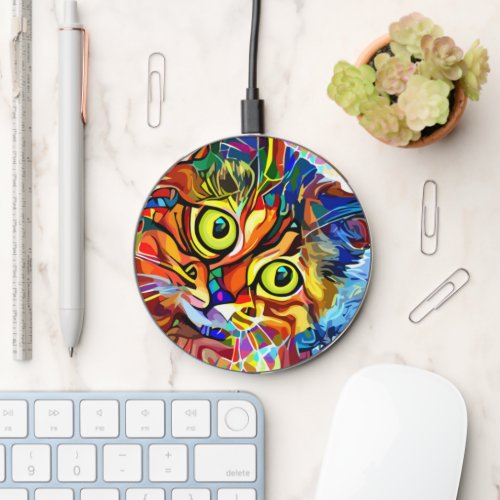 Colorful Psychedelic Painted Cat Wireless Charger