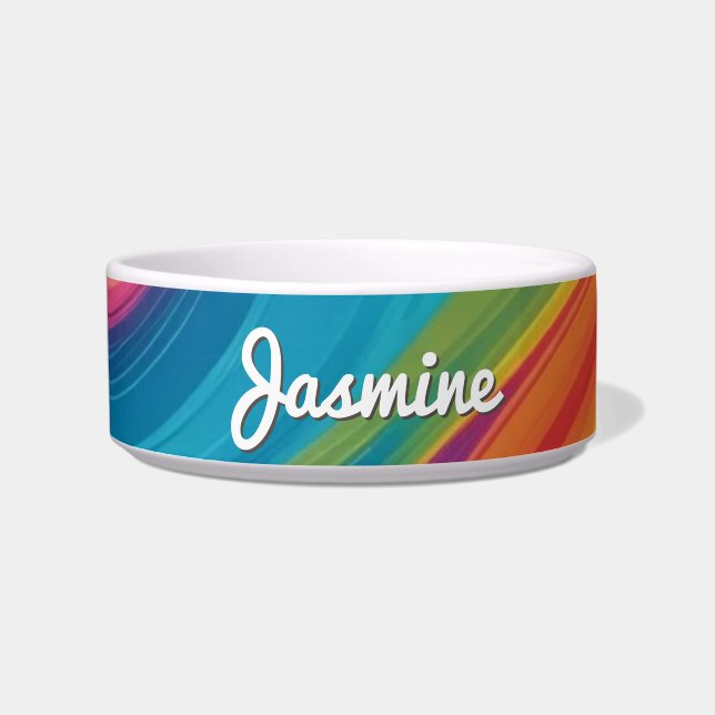 Colorful Psychedelic Retro Groovy Personalized Dog Bowl (Front)
