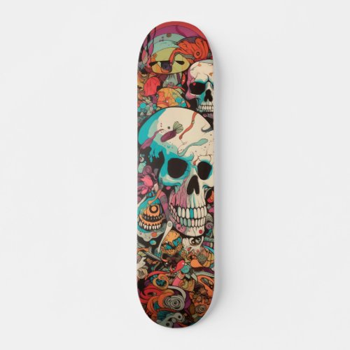 Colorful psychedelic skull skateboard