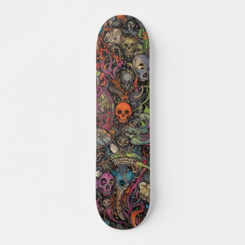 Colorful psychedelic skulls skateboard