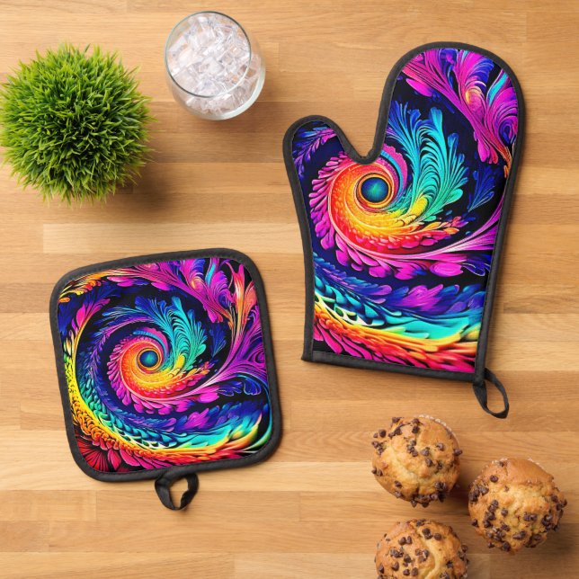 Colorful Psychedelic Spiral Art Oven Mitt & Pot Holder Set (Top Down)