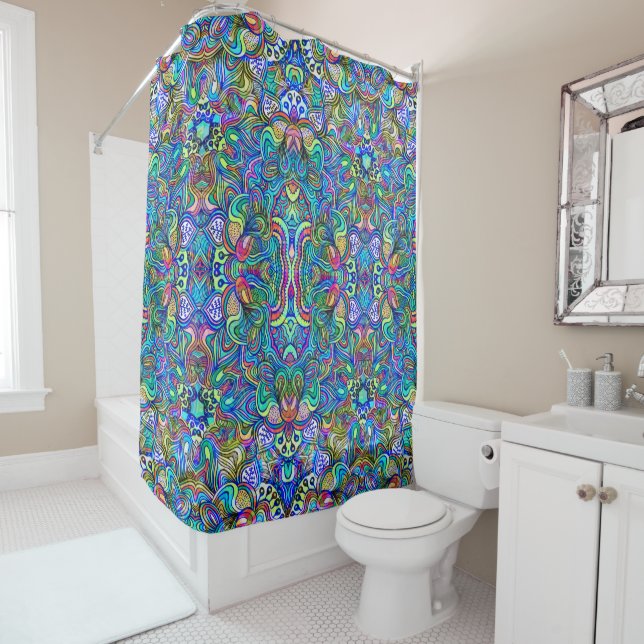 Colorful Psychedelic Swirls Pattern Shower Curtain (In Situ)