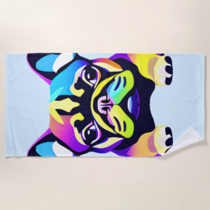 Colorful Pug Dog Puppy Beach Towel