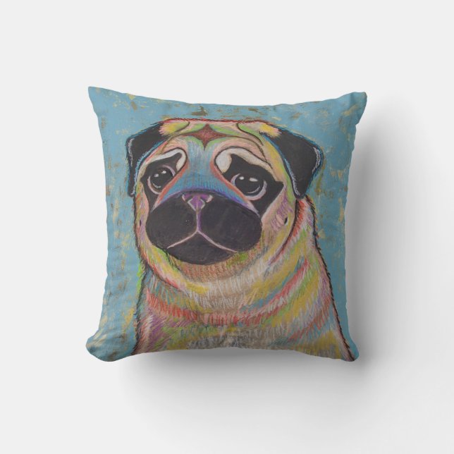 Colorful Pug pillow on blue bavkground (Front)