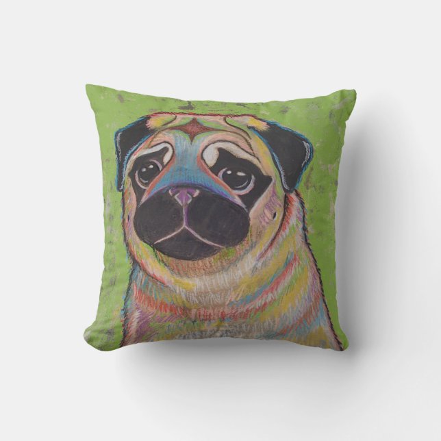 Colorful Pug pillow on green background (Front)
