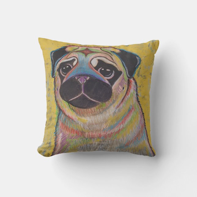 Colorful Pug pillow on yellow background (Front)