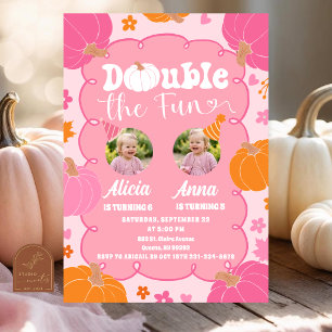 Colorful Pumpkin Double the Fun Sibling Birthday Invitation