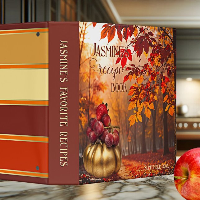 Colorful Pumpkin Fall Forest Recipe Binder (Recipe binder featuring a colorful painting of a fall forest with golden pumpkin and festive fruits)
