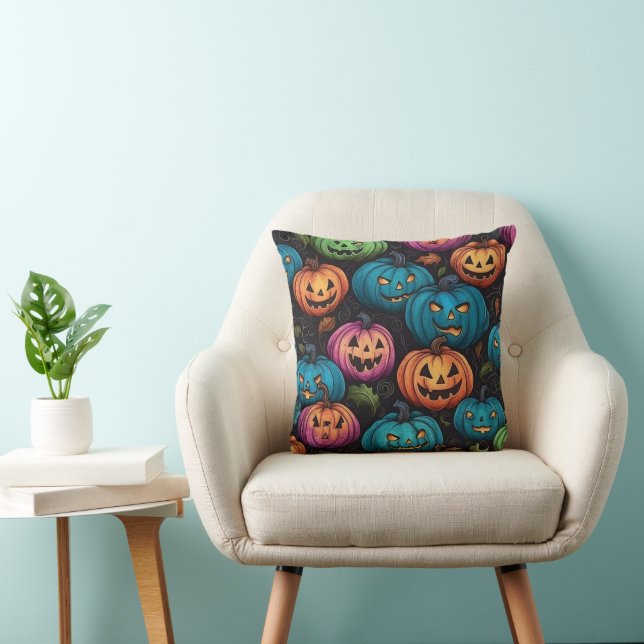 Colorful Pumpkin Halloween Pattern Throw Pillow (Chair)
