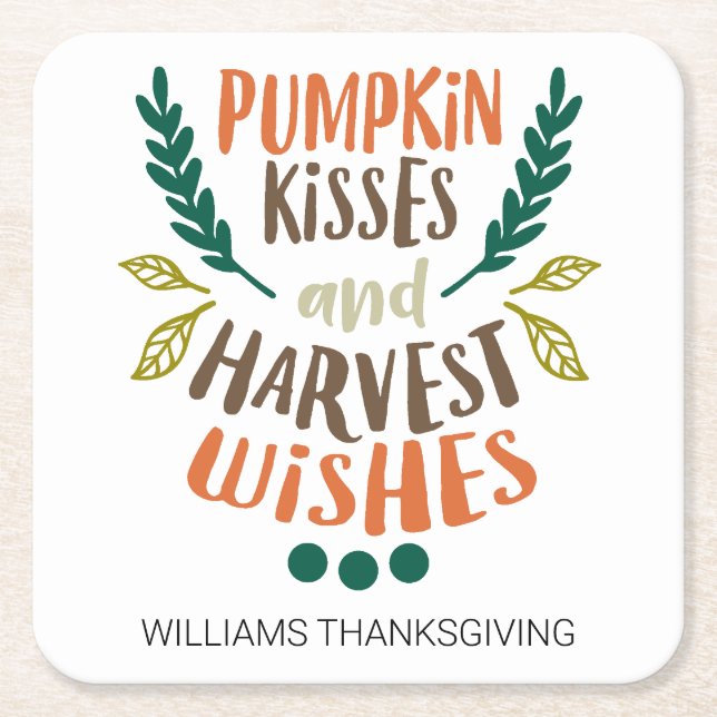 Colorful Pumpkin Kisses Personalized Thanksgiving Square Paper Coaster (Front)