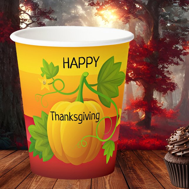 Colorful Pumpkin Thanksgiving Paper Cups (Colorful Thanksgiving paper cups featuring a pumpkin with green leaves on festive stripes)