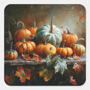 Colorful Pumpkins and Leaves Vintage Square Sticker