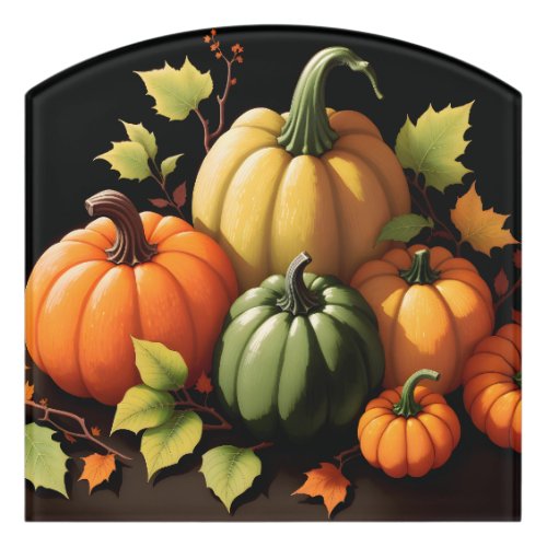 Colorful Pumpkins Black Background Door Sign