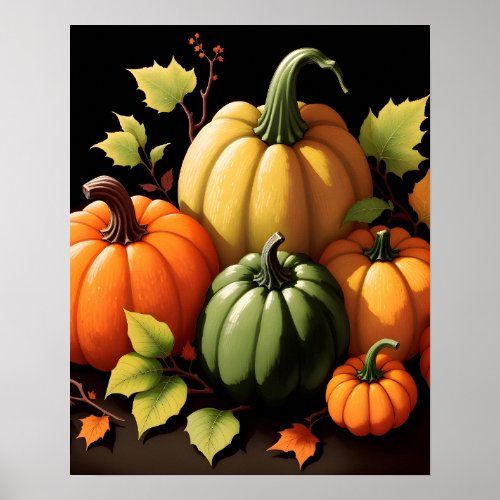 Colorful Pumpkins Black Background Poster