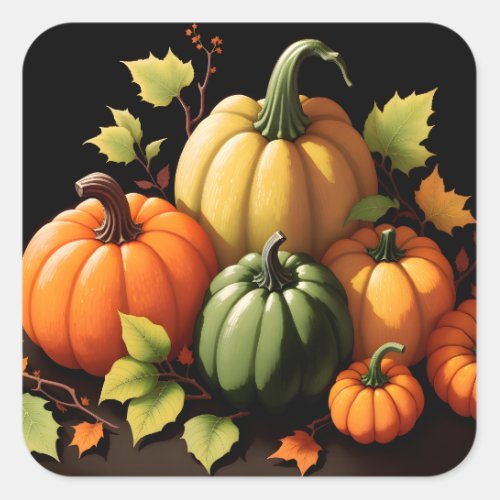 Colorful Pumpkins Black Background Square Sticker