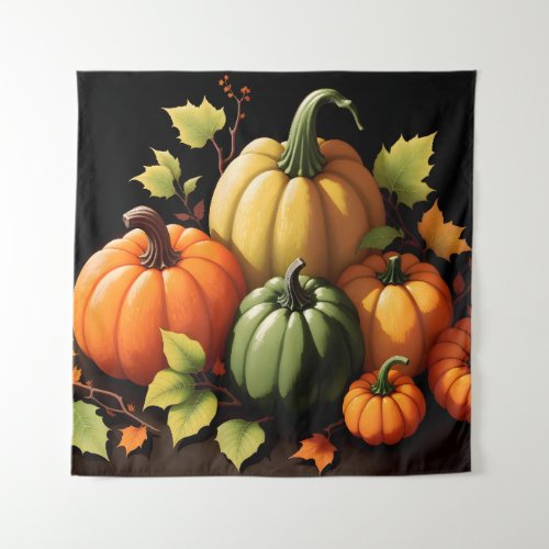 Colorful Pumpkins Black Background Tapestry