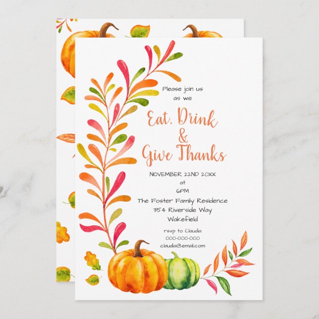 Colorful Pumpkins Fall Thanksgiving Dinner Invitation (Front/Back)