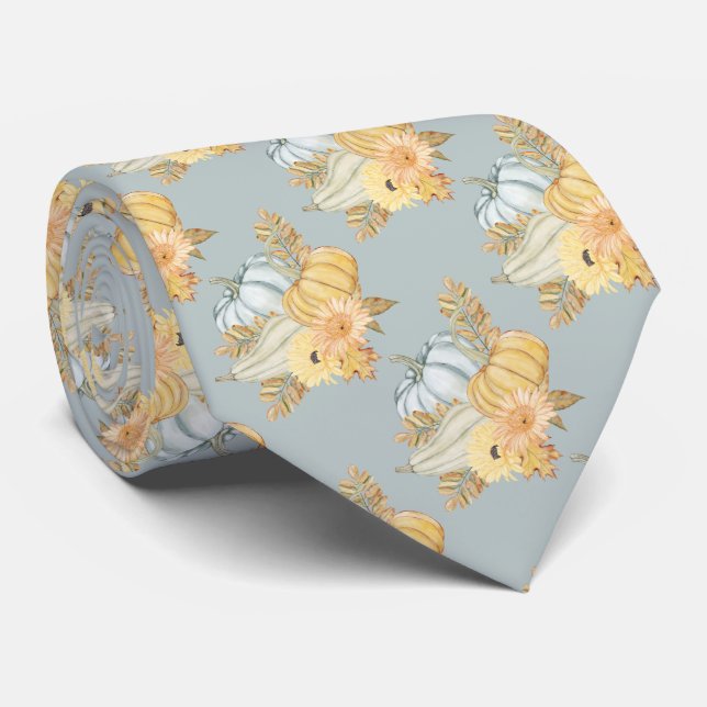 Colorful Pumpkins Flowers and Fall Leaves Thanks Neck Tie (Rolled)