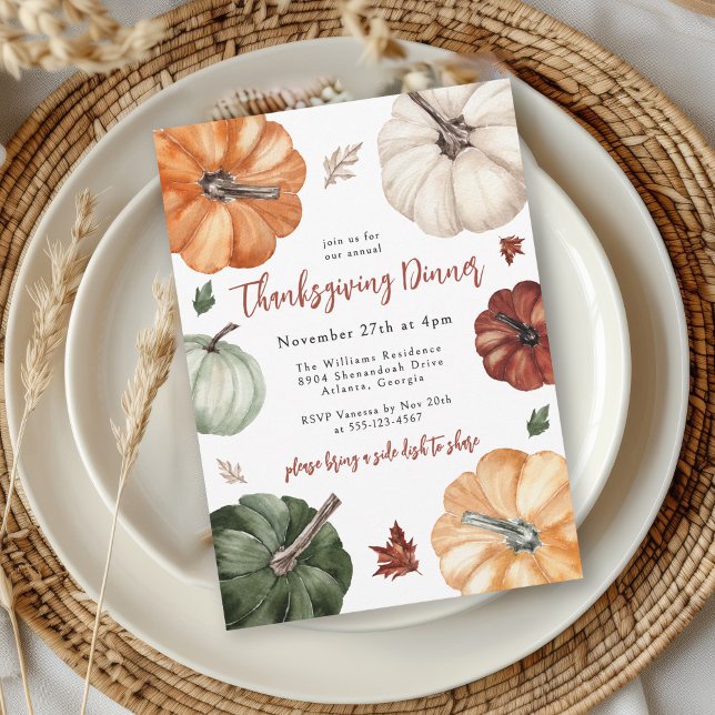 Colorful Pumpkins Rustic Thanksgiving Dinner Invitation (Available in both printed and instant download digital formats.)