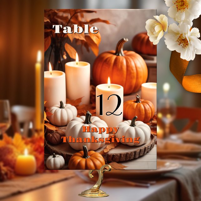Colorful Pumpkins Thanksgiving Dinner Table Number (Table number card featuring a colorful scene with pumpkins and candles - Thanksgiving or birthday)