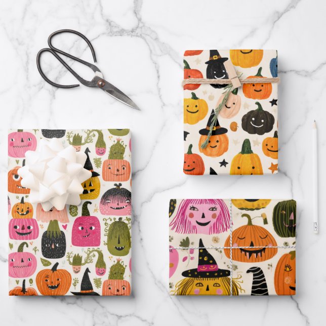 Colorful Pumpkins Whimsical Halloween Spooky Cute  Wrapping Paper Sheets (Front)