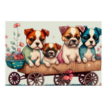 Colorful Puppies in a Wagon