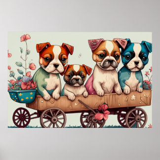 Colorful Puppies in a Wagon Poster
