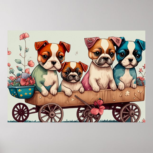 Colorful Puppies in a Wagon Poster (Front)